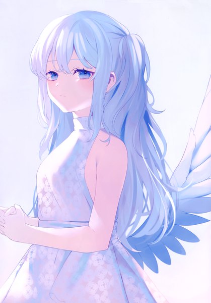 Anime picture 2098x3007 with original achiki single long hair tall image looking at viewer blush fringe highres blue eyes simple background hair between eyes standing payot scan aqua hair sleeveless one side up hands clasped girl