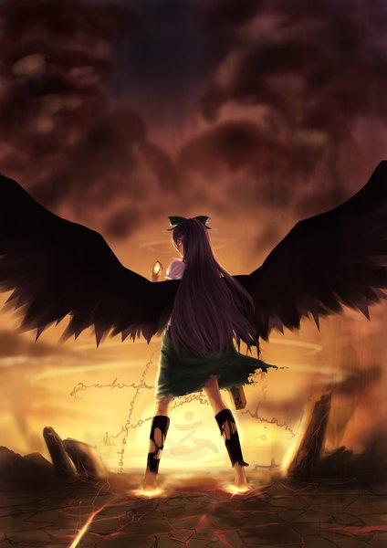 Anime picture 2893x4092 with touhou reiuji utsuho gau (artist) single long hair tall image highres smile red eyes brown hair sky cloud (clouds) profile looking back barefoot from behind torn clothes back magic glowing
