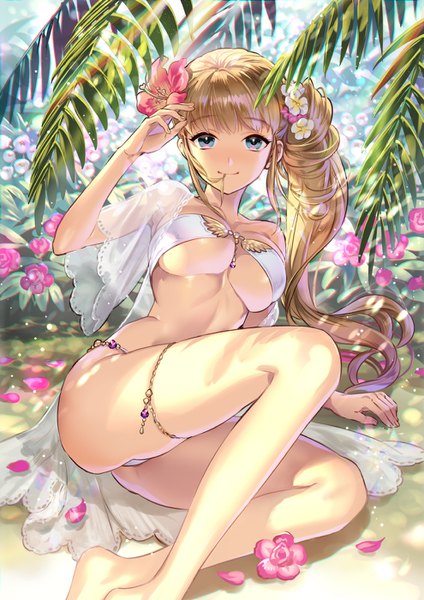 Anime picture 990x1400 with original midori foo single long hair tall image looking at viewer fringe breasts blue eyes light erotic blonde hair smile large breasts hair flower arm support underboob side ponytail hair in mouth girl flower (flowers)