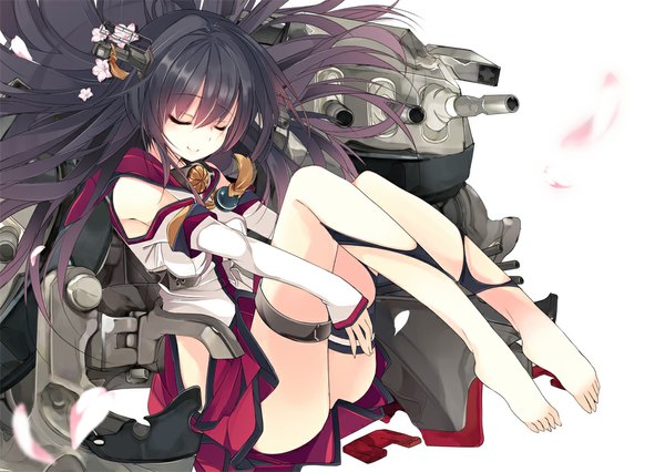Anime picture 1000x711 with kantai collection yamato super battleship shirokitsune single long hair light erotic black hair simple background smile white background bare shoulders eyes closed barefoot hair flower legs weightlessness girl hair ornament flower (flowers) petals
