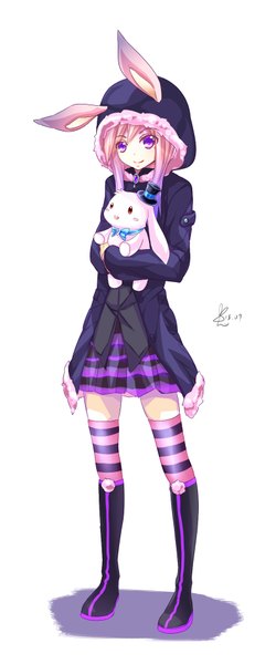 Anime picture 791x1892 with blackrabbit0626 single long hair tall image fringe simple background smile standing white background purple eyes pink hair purple hair multicolored hair gradient hair girl thighhighs animal striped thighhighs bunny