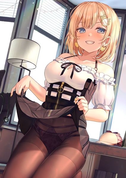 Anime picture 950x1344 with virtual youtuber hololive hololive english watson amelia saruei single tall image looking at viewer blush fringe short hair breasts blue eyes light erotic blonde hair smile bare shoulders indoors nail polish fingernails