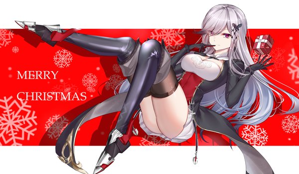 Anime picture 2000x1165 with azur lane dunkerque (azur lane) eternity (shadeh) single long hair looking at viewer fringe highres breasts light erotic simple background red eyes wide image full body bent knee (knees) grey hair hair over one eye shadow finger to mouth christmas