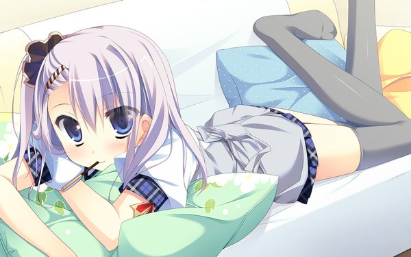 Anime picture 1920x1200 with aete mushisuru kimi to no mirai manabe kei single long hair looking at viewer blush highres blue eyes silver hair lying girl thighhighs hair ornament sweets hairclip pillow couch scrunchie hair tie pocky