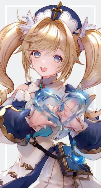 Anime picture 750x1390 with genshin impact barbara (genshin impact) nido celisius single long hair tall image looking at viewer open mouth blue eyes blonde hair twintails :d magic drill hair heart hands girl detached sleeves water headdress heart
