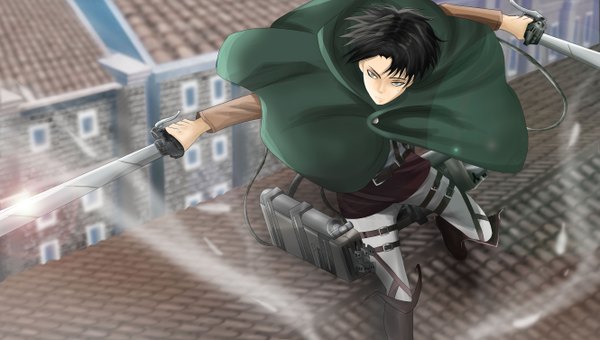 Anime picture 5315x3016 with shingeki no kyojin production i.g levi (rivaille) tagme (artist) single highres short hair black hair wide image holding looking away absurdres black eyes dual wielding boy weapon sword belt window thigh strap