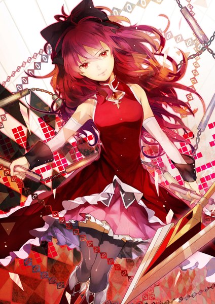 Anime picture 1000x1414 with mahou shoujo madoka magica shaft (studio) sakura kyouko flowerchorus single long hair tall image looking at viewer fringe breasts smile red eyes holding red hair light smile girl hair ornament bow weapon hair bow