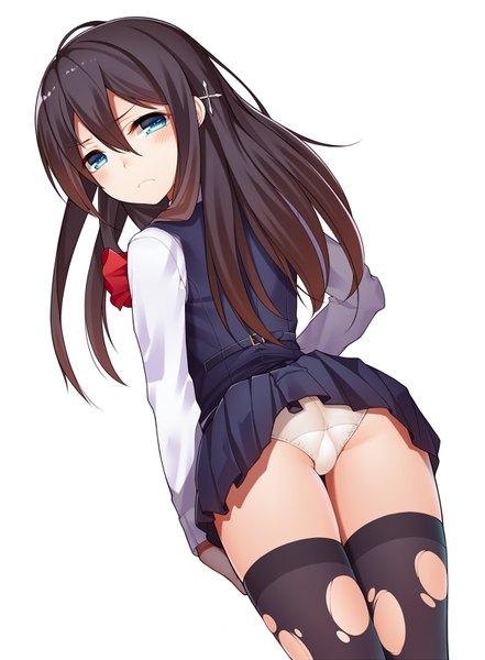 Anime picture 588x800 with original ray littlechamber ray-akila single long hair tall image looking at viewer blush blue eyes light erotic black hair simple background white background looking back skirt lift girl thighhighs skirt uniform underwear