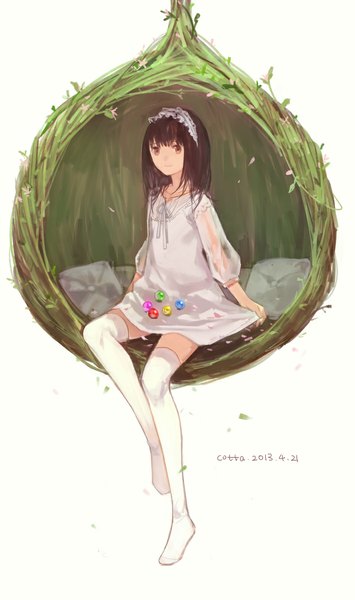 Anime picture 709x1197 with original cotta single tall image looking at viewer blush short hair black hair simple background white background sitting brown eyes girl thighhighs dress white thighhighs headdress white dress pillow transparent clothing