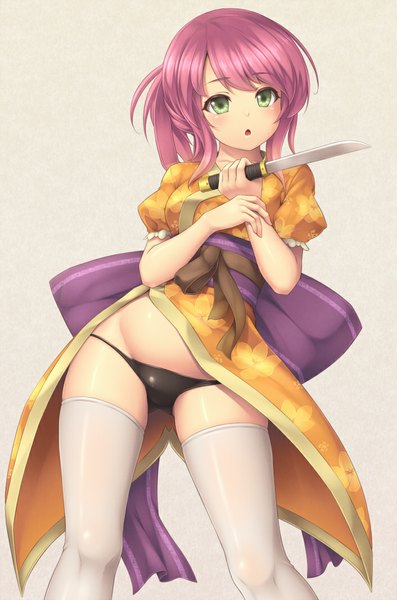 Anime picture 705x1065 with original sasaame single tall image blush short hair open mouth light erotic green eyes pink hair traditional clothes japanese clothes girl thighhighs underwear panties white thighhighs kimono obi knife