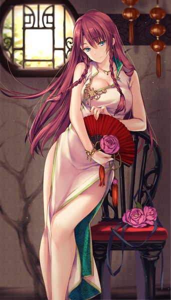 Anime picture 1257x2200 with touhou hong meiling moneti (daifuku) single long hair tall image fringe breasts light erotic hair between eyes large breasts green eyes payot cleavage red hair indoors braid (braids) traditional clothes alternate costume sleeveless