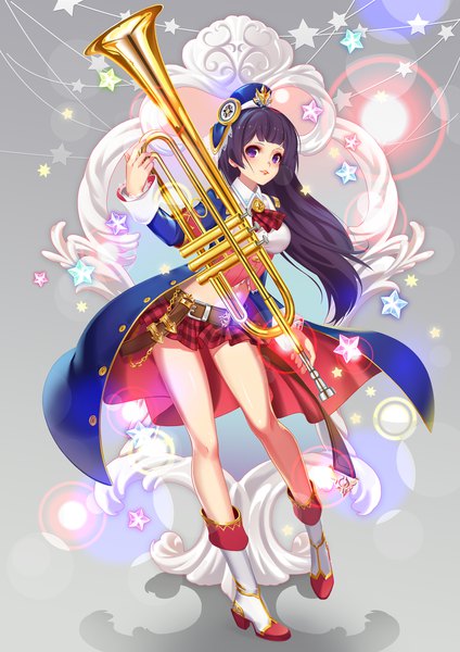 Anime picture 2067x2923 with hibike! euphonium kyoto animation kousaka reina littleamber single long hair tall image looking at viewer blush highres black hair purple eyes girl skirt miniskirt star (symbol) musical instrument trumpet