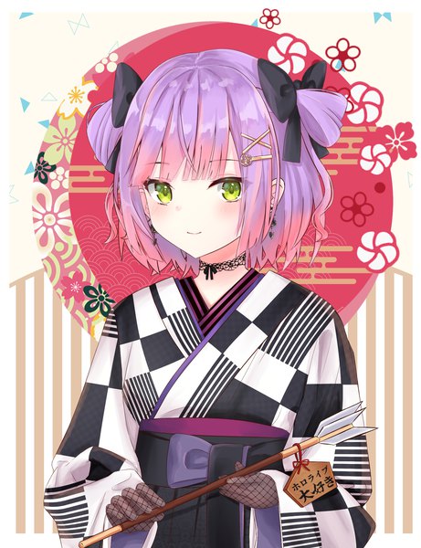 Anime picture 1800x2342 with virtual youtuber hololive tokoyami towa tokoyami towa (2nd costume) aoki chiaki single tall image looking at viewer highres short hair smile holding green eyes pink hair purple hair upper body traditional clothes japanese clothes multicolored hair wide sleeves