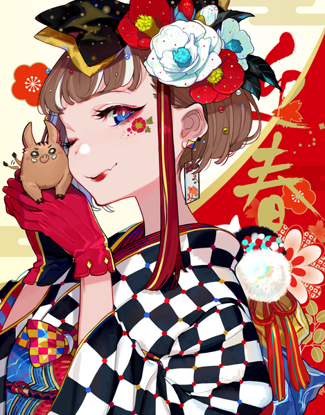 Anime picture 938x1200 with original yuu (higashi no penguin) single tall image looking at viewer blush fringe short hair blue eyes holding upper body blunt bangs traditional clothes japanese clothes one eye closed multicolored hair hair flower wink two-tone hair streaked hair