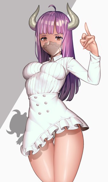 Anime picture 951x1598 with one piece toei animation ulti (one piece) tungsten single long hair tall image looking at viewer fringe breasts light erotic simple background large breasts standing white background brown eyes purple hair ahoge blunt bangs long sleeves