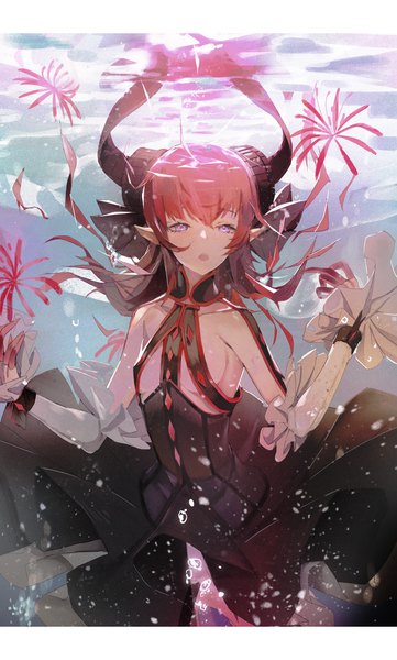 Anime picture 884x1466 with fate (series) fate/grand order fate/extra fate/extra ccc elizabeth bathory (fate) (all) elizabeth bathory (fate) hxxg single long hair tall image looking at viewer fringe blue eyes light erotic twintails bare shoulders pink hair horn (horns) pointy ears grey background