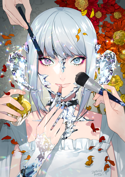 Anime picture 1290x1821 with final fantasy final fantasy xiv square enix au ra kurono yuu tall image looking at viewer fringe short hair blue eyes smile holding signed payot silver hair upper body blunt bangs nail polish pink eyes horn (horns)