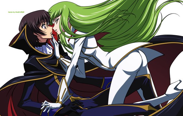 Anime picture 3131x1978 with code geass sunrise (studio) c.c. lelouch lamperouge long hair highres short hair black hair white background purple eyes signed yellow eyes green hair