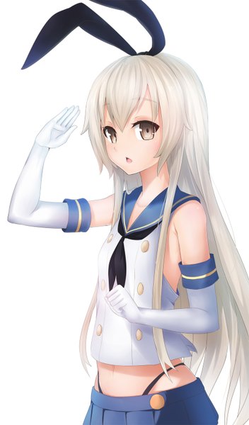 Anime-Bild 852x1450 mit kantai collection shimakaze destroyer xiaodi single long hair tall image looking at viewer fringe simple background standing white background bare shoulders brown eyes white hair pleated skirt salute girl skirt gloves elbow gloves
