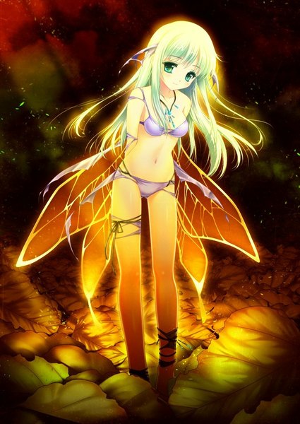 Anime picture 709x1000 with original touto seiro single long hair tall image looking at viewer light erotic green eyes green hair fairy girl navel swimsuit bikini wings leaf (leaves)