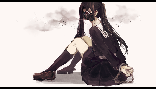 Anime picture 1500x859 with original danjou sora single long hair fringe black hair simple background wide image white background sitting twintails turning head letterboxed smoke hands behind back leg lift (legs lift) bondage restrained girl skirt