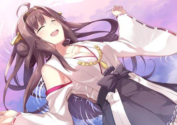 Anime picture 1697x1200 with kantai collection kongou battleship cccpo single long hair blush open mouth black hair ahoge eyes closed nontraditional miko girl detached sleeves water hairband