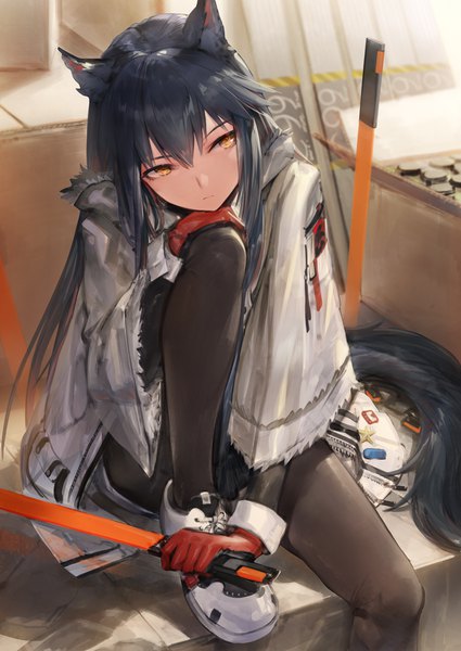 Anime picture 1063x1500 with arknights texas (arknights) aos single long hair tall image fringe black hair hair between eyes sitting holding animal ears yellow eyes looking away bent knee (knees) indoors tail head tilt animal tail wide sleeves