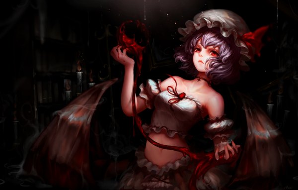 Anime picture 3000x1912 with touhou remilia scarlet kiyomasa ren single looking at viewer fringe highres short hair red eyes bare shoulders signed purple hair lips night bare belly armpit (armpits) midriff puffy sleeves floating hair magic