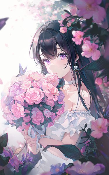 Anime picture 1200x1925 with original ttosom single long hair tall image looking at viewer fringe black hair upper body parted lips pink eyes off shoulder girl dress flower (flowers) earrings choker white dress bouquet