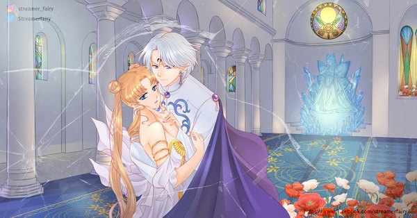 Anime picture 1578x827 with bishoujo senshi sailor moon toei animation tsukino usagi prince diamond neo queen serenity koya long hair looking at viewer short hair blue eyes blonde hair wide image twintails purple eyes signed silver hair indoors hair bun (hair buns) turning head forehead mark