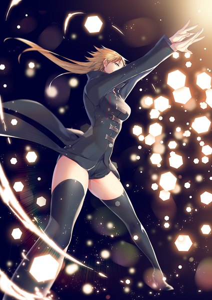 Anime picture 744x1052 with world trigger toei animation izumi kouhei pepper fever single long hair tall image looking at viewer fringe breasts light erotic blonde hair smile large breasts standing yellow eyes long sleeves high heels spread legs zettai ryouiki