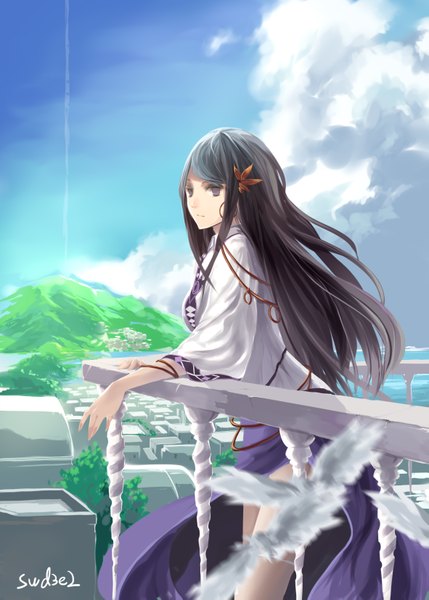 Anime picture 1181x1653 with dungeon and fighter swd3e2 single long hair tall image looking at viewer black hair brown eyes sky cloud (clouds) long sleeves hair flower light smile wide sleeves city cityscape mountain white wings girl skirt