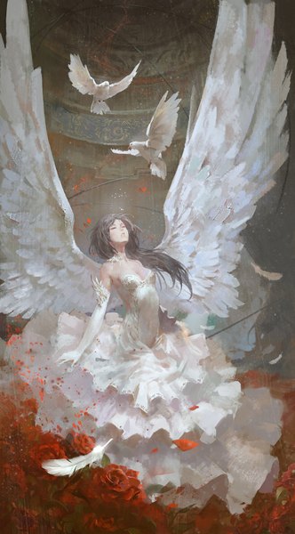 Anime picture 1000x1804 with original cancer (zjcconan) single long hair tall image black hair bare shoulders eyes closed angel wings angel girl dress gloves flower (flowers) animal petals wings white gloves white dress bird (birds)