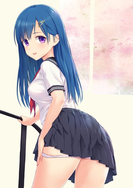 Anime picture 707x1000 with original n.g. single long hair tall image looking at viewer blush fringe breasts open mouth light erotic hair between eyes standing purple eyes blue hair pleated skirt looking back from behind short sleeves panty pull