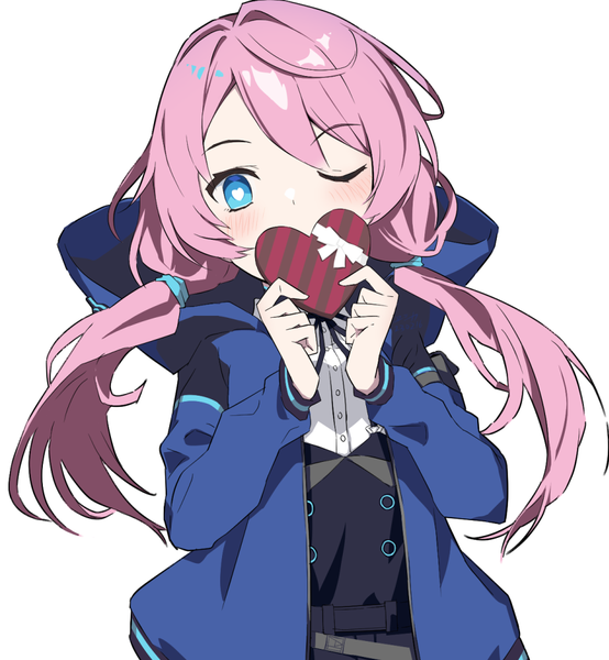 Anime picture 938x1016 with arknights blue poison (arknights) weshika single long hair tall image looking at viewer blue eyes simple background white background twintails pink hair upper body one eye closed open jacket low twintails symbol-shaped pupils covered mouth valentine heart-shaped pupils