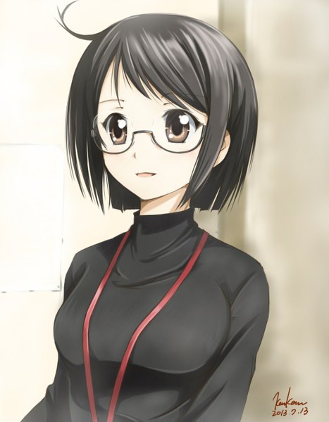 Anime picture 1136x1459 with servant x service yamagami lucy kem kem single tall image short hair open mouth black hair brown eyes signed girl glasses sweater