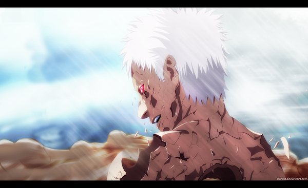 Anime-Bild 5000x3059 mit naruto studio pierrot naruto (series) uchiha obito tobi x7rust single highres short hair red eyes wide image absurdres sky cloud (clouds) white hair profile looking back sunlight coloring letterboxed