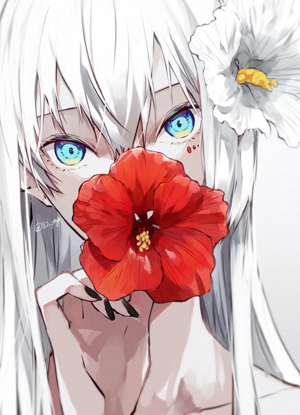 Anime picture 1599x2210 with original yagi (shiro yagi) single long hair tall image looking at viewer fringe blue eyes simple background hair between eyes signed payot white hair nail polish hair flower fingernails grey background twitter username portrait face