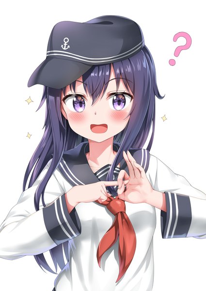 Anime picture 2507x3541 with kantai collection akatsuki destroyer nedia (nedia region) single long hair tall image looking at viewer blush fringe highres open mouth light erotic simple background smile hair between eyes white background purple eyes purple hair long sleeves ?