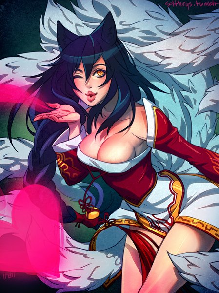 Anime picture 800x1068 with league of legends ahri (league of legends) irahi single long hair tall image blush breasts light erotic large breasts animal ears yellow eyes blue hair tail braid (braids) animal tail one eye closed fingernails lips wink
