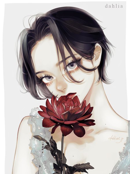 Anime picture 700x933 with original takenaka single tall image looking at viewer short hair black hair simple background bare shoulders upper body head tilt realistic inscription grey background mole grey eyes sleeveless lipstick border portrait