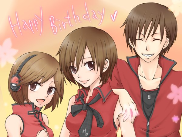 Anime picture 1024x768 with vocaloid meiko sakine meiko meito michael looking at viewer short hair open mouth smile brown hair bare shoulders multiple girls brown eyes eyes closed wallpaper happy birthday girl boy 2 girls headphones