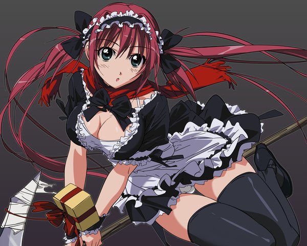 Anime picture 1920x1536 with queen's blade airi (queen's blade) single highres light erotic twintails cleavage maid thighhighs ribbon (ribbons) black thighhighs hair ribbon headdress scarf maid headdress gift
