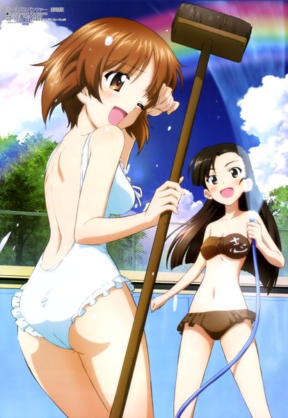 Anime picture 4087x5926 with girls und panzer megami magazine nishizumi miho long hair tall image blush highres short hair open mouth light erotic black hair brown hair multiple girls brown eyes absurdres sky cloud (clouds) one eye closed wink black eyes