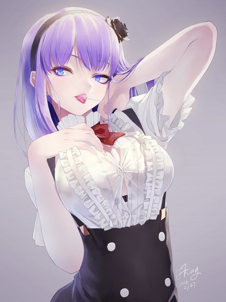 Anime picture 1500x2000 with dagashi kashi feel (studio) shidare hotaru okingjo single tall image looking at viewer short hair blue eyes light erotic simple background purple hair grey background girl dress food hairband sweets candy lollipop