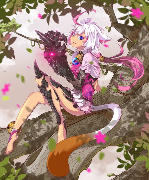 Anime picture 1655x2000 with the legend of sword and fairy: mirror of illusion tan shuang easter king single long hair tall image blue eyes smile sitting pink hair full body ahoge bent knee (knees) white hair tail nail polish animal tail pleated skirt barefoot wind