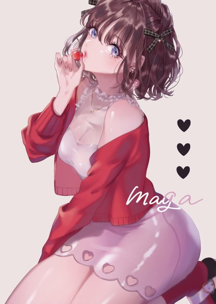 Anime picture 1087x1527 with original magako single tall image looking at viewer blush fringe short hair breasts blue eyes light erotic simple background hair between eyes brown hair bare shoulders holding nail polish fingernails off shoulder inscription