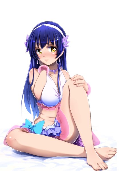 Anime picture 1051x1500 with love live! school idol project sunrise (studio) love live! sonoda umi suzume no kimochi single long hair tall image looking at viewer blush light erotic simple background white background bare shoulders yellow eyes blue hair barefoot legs girl swimsuit