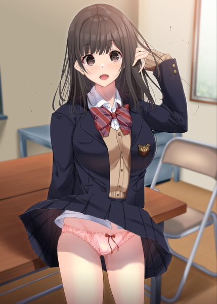 Anime picture 1430x2000 with original fukuda shuushi single long hair tall image looking at viewer blush fringe breasts open mouth light erotic black hair standing brown eyes indoors blunt bangs long sleeves :d pleated skirt arm up