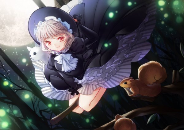 Anime picture 1500x1061 with original philomelalilium single short hair blonde hair smile red eyes night flying witch girl dress plant (plants) animal tree (trees) moon witch hat broom squirrel